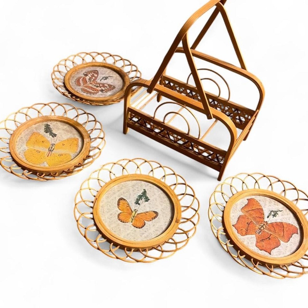Vintage Rattan Butterfly coasters with storage holder